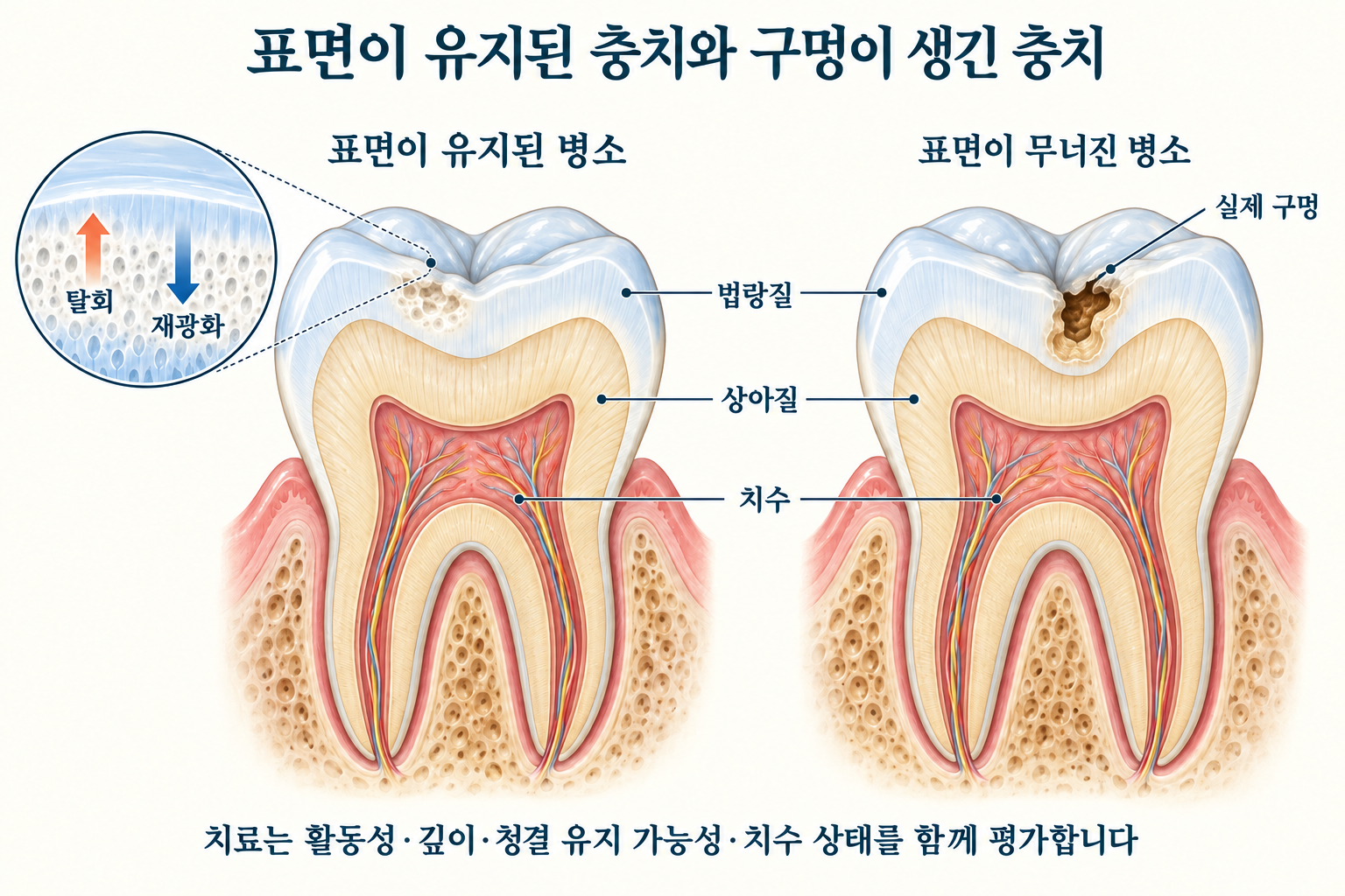 연속된 법랑질 표면 아래의 초기 탈회 병소와 법랑질 표면이 깨져 상아질까지 구멍이 생긴 병소를 비교한 치아 단면도. 법랑질, 상아질, 치수의 위치와 초기 병소에서 탈회·재광화가 일어나는 부위를 표시한다.